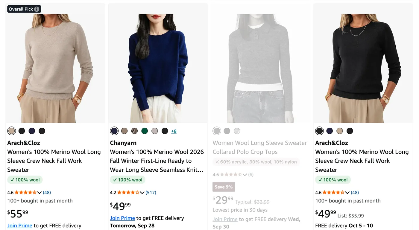 Amazon search results with TruTag labels: 100% cotton items labeled, others dimmed.